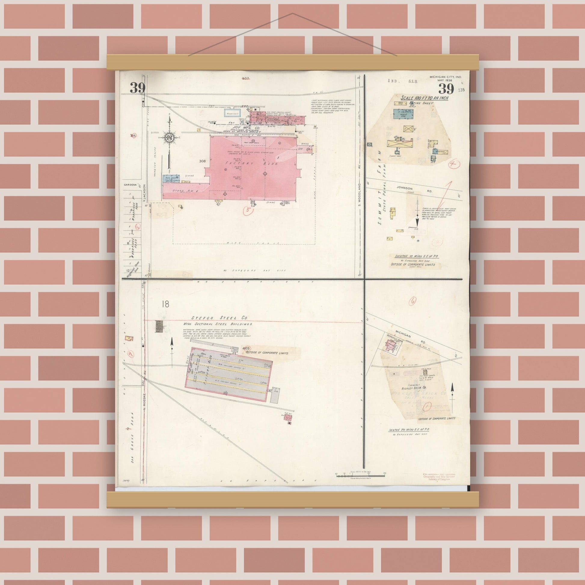 Old map wall art mockup — magnetic wood frame on brick wall — Sanborn Fire Insurance Map from Michigan City, La Porte County, Indiana (1948), Sheet #0039
