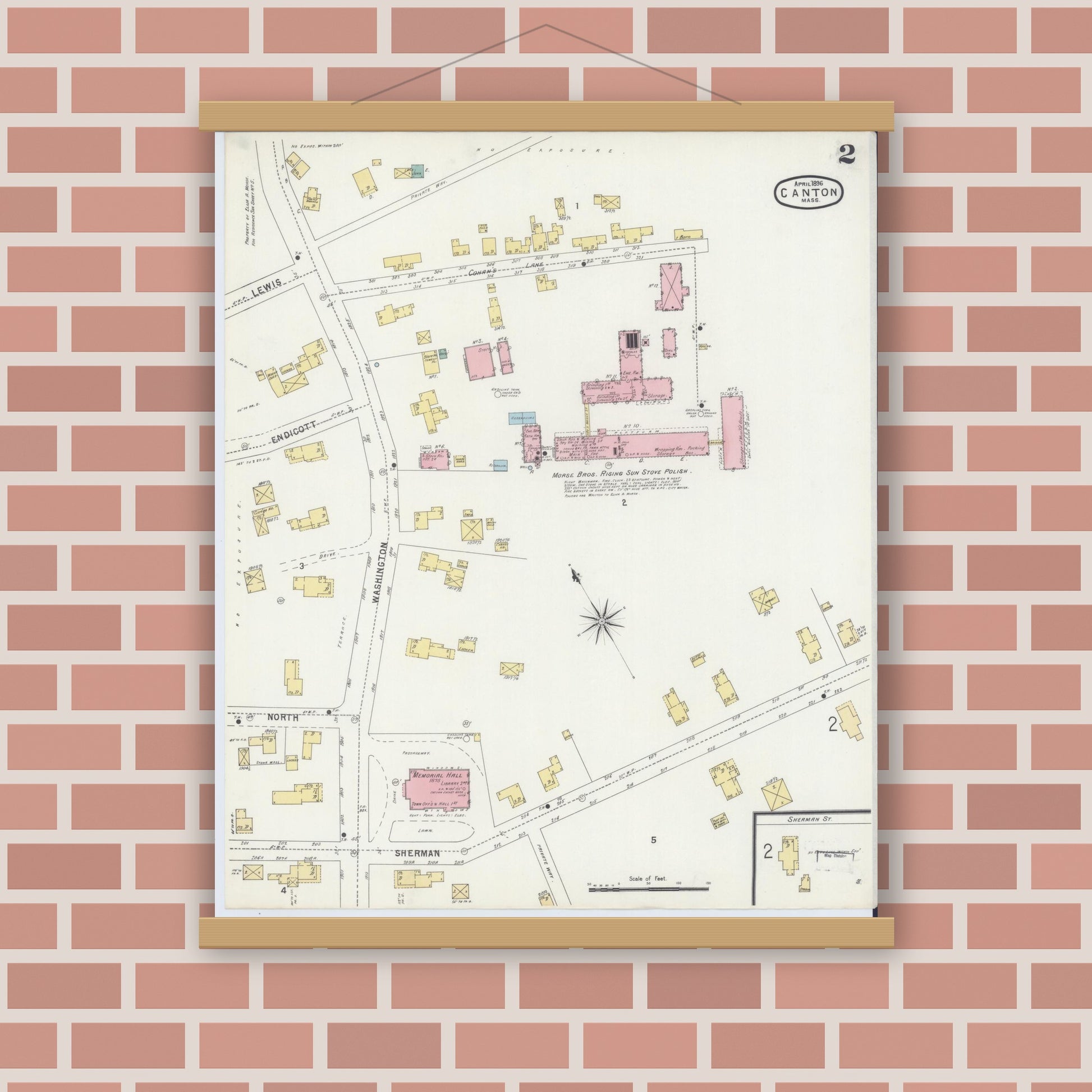 Old map wall art mockup — magnetic wood frame on brick wall — Sanborn Fire Insurance Map from Canton, Norfolk County, Massachusetts (1896), Sheet #0002