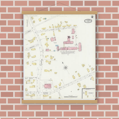 Old map wall art mockup — magnetic wood frame on brick wall — Sanborn Fire Insurance Map from Canton, Norfolk County, Massachusetts (1896), Sheet #0002