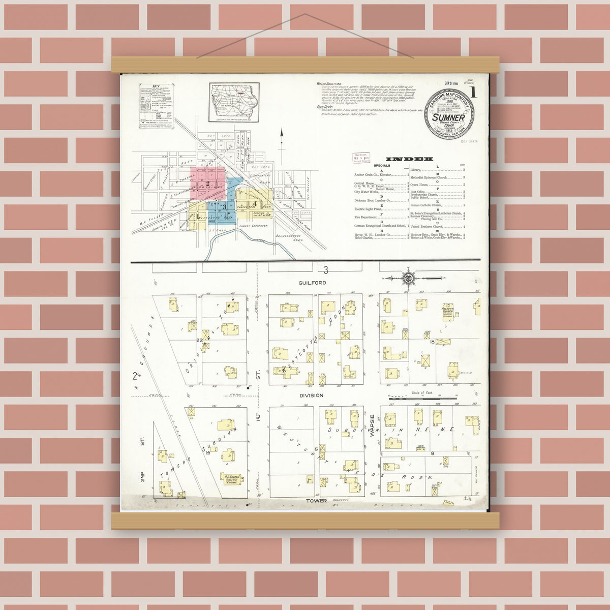Old map wall art mockup — magnetic wood frame on brick wall — Sanborn Fire Insurance Map from Sumner, Bremer County, Iowa (1913) â€” Complete Set