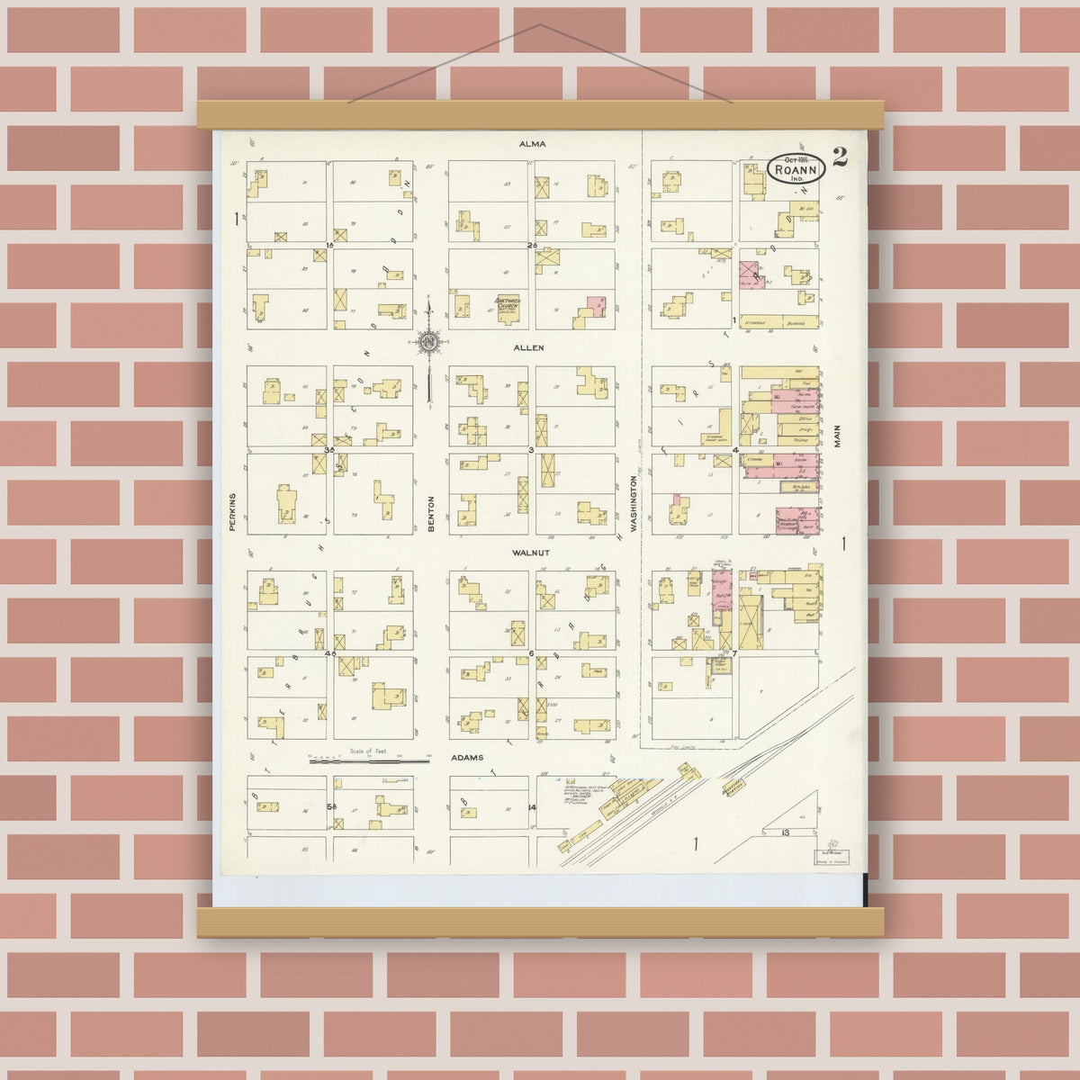 Old map wall art mockup — magnetic wood frame on brick wall — Sanborn Fire Insurance Map from Roann, Wabash County, Indiana (1911), Sheet #0002