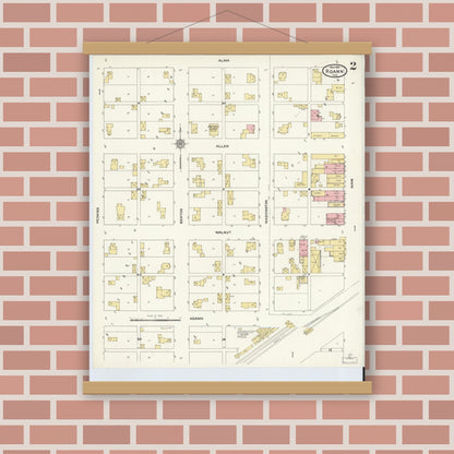 Old map wall art mockup — magnetic wood frame on brick wall — Sanborn Fire Insurance Map from Roann, Wabash County, Indiana (1911), Sheet #0002