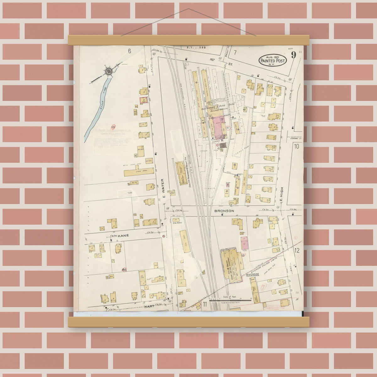 Old map wall art mockup — magnetic wood frame on brick wall — Sanborn Fire Insurance Map from Painted Post, Steuben County, New York (1943), Sheet #0009