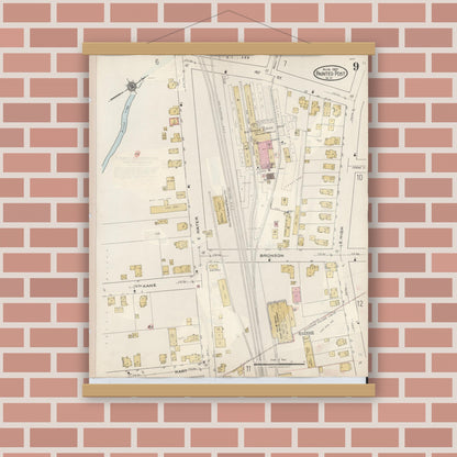 Old map wall art mockup — magnetic wood frame on brick wall — Sanborn Fire Insurance Map from Painted Post, Steuben County, New York (1943), Sheet #0009