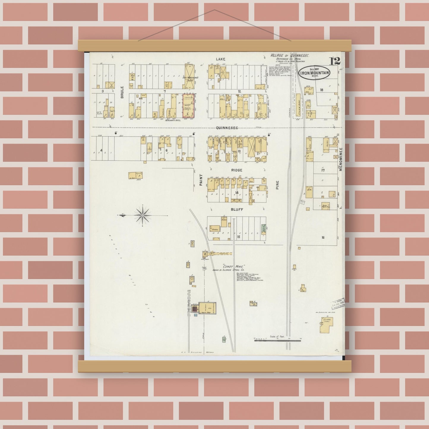 Old map wall art mockup — magnetic wood frame on brick wall — Sanborn Fire Insurance Map from Iron Mountain, Dickinson County, Michigan (1897), Sheet #0012