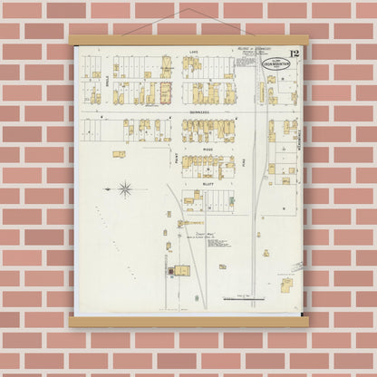 Old map wall art mockup — magnetic wood frame on brick wall — Sanborn Fire Insurance Map from Iron Mountain, Dickinson County, Michigan (1897), Sheet #0012