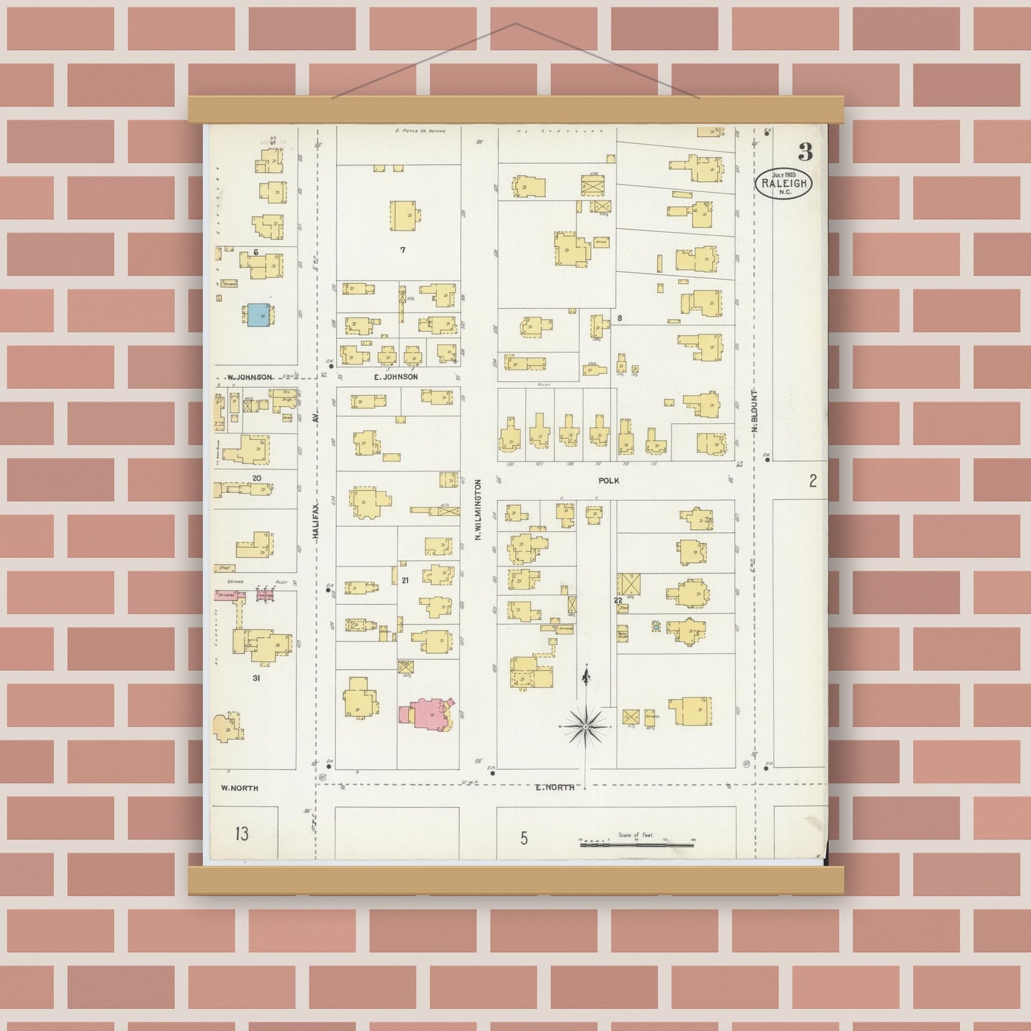 Old map wall art mockup — magnetic wood frame on brick wall — Sanborn Fire Insurance Map from Raleigh, Wake County, North Carolina (1903), Sheet #0003