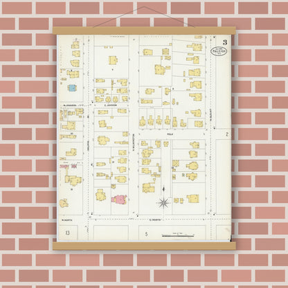 Old map wall art mockup — magnetic wood frame on brick wall — Sanborn Fire Insurance Map from Raleigh, Wake County, North Carolina (1903), Sheet #0003