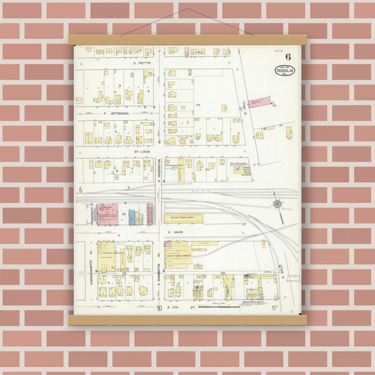 Old map wall art mockup — magnetic wood frame on brick wall — Sanborn Fire Insurance Map from Sedalia, Pettis County, Missouri (1914), Sheet #0006