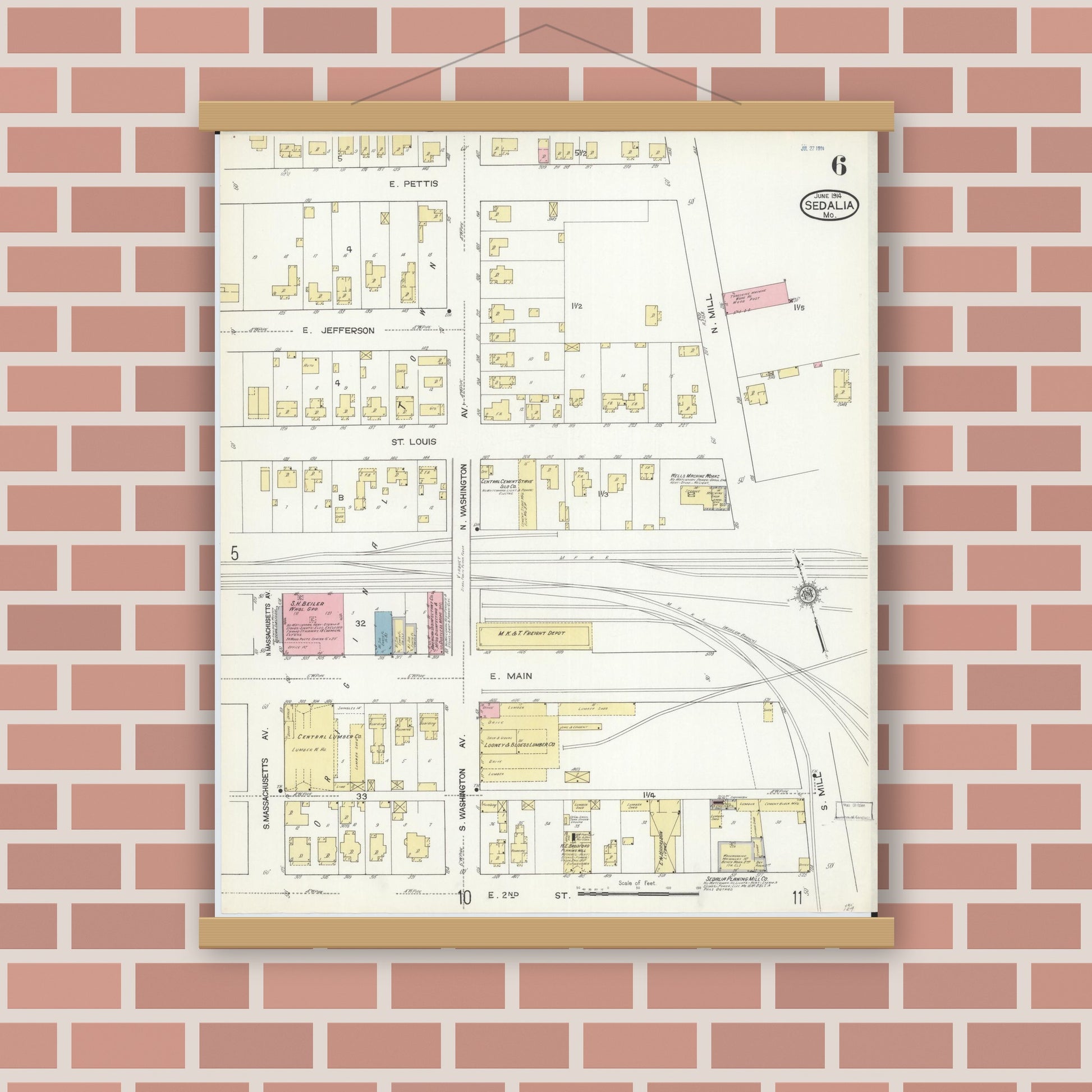 Old map wall art mockup — magnetic wood frame on brick wall — Sanborn Fire Insurance Map from Sedalia, Pettis County, Missouri (1914), Sheet #0006