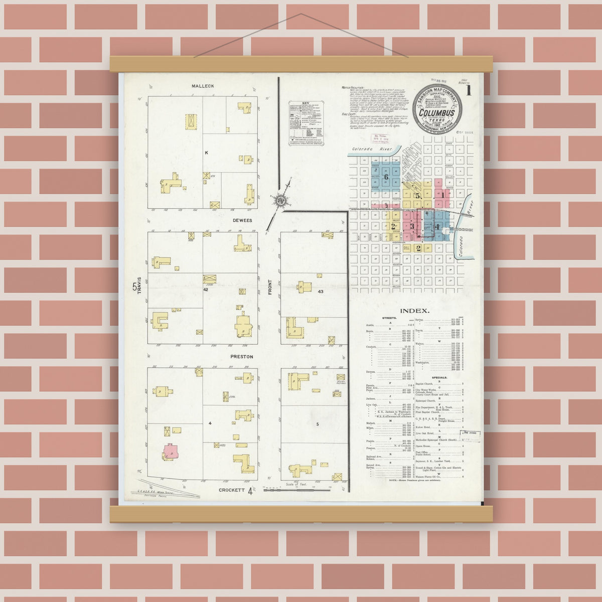 Old map wall art mockup — magnetic wood frame on brick wall — Sanborn Fire Insurance Map from Columbus, Colorado County, Texas (1912) - Complete Map Set