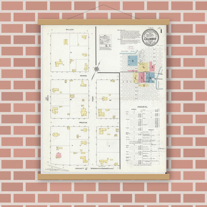 Old map wall art mockup — magnetic wood frame on brick wall — Sanborn Fire Insurance Map from Columbus, Colorado County, Texas (1912) - Complete Map Set
