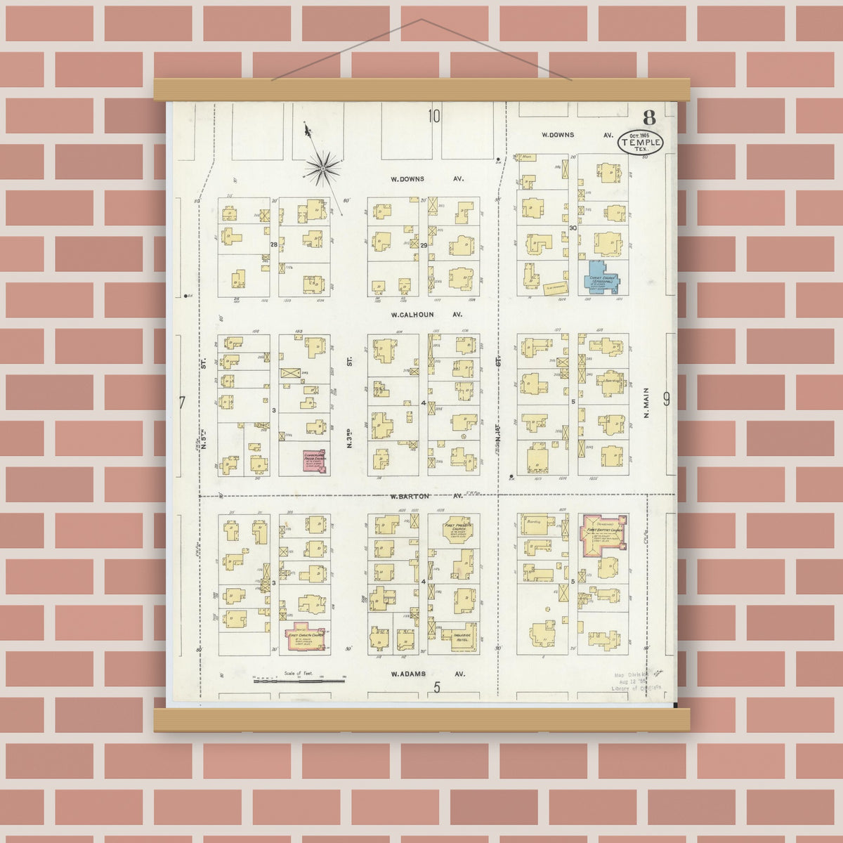 Old map wall art mockup — magnetic wood frame on brick wall — Sanborn Fire Insurance Map from Temple, Bell County, Texas (1905), Sheet #0008
