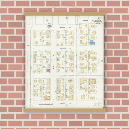Old map wall art mockup — magnetic wood frame on brick wall — Sanborn Fire Insurance Map from Temple, Bell County, Texas (1905), Sheet #0008