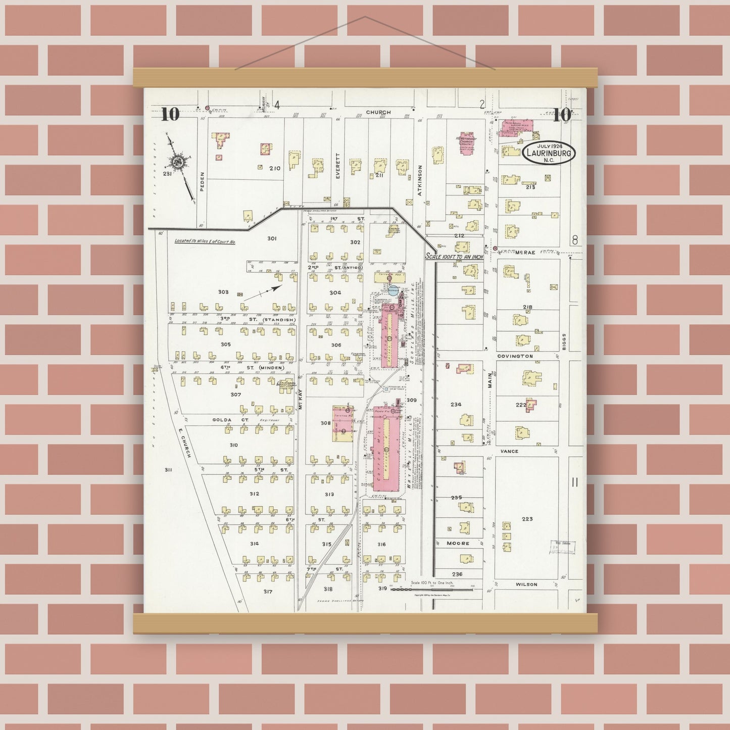 Old map wall art mockup — magnetic wood frame on brick wall — Sanborn Fire Insurance Map from Laurinburg, Scotland County, North Carolina (1924), Sheet #0010