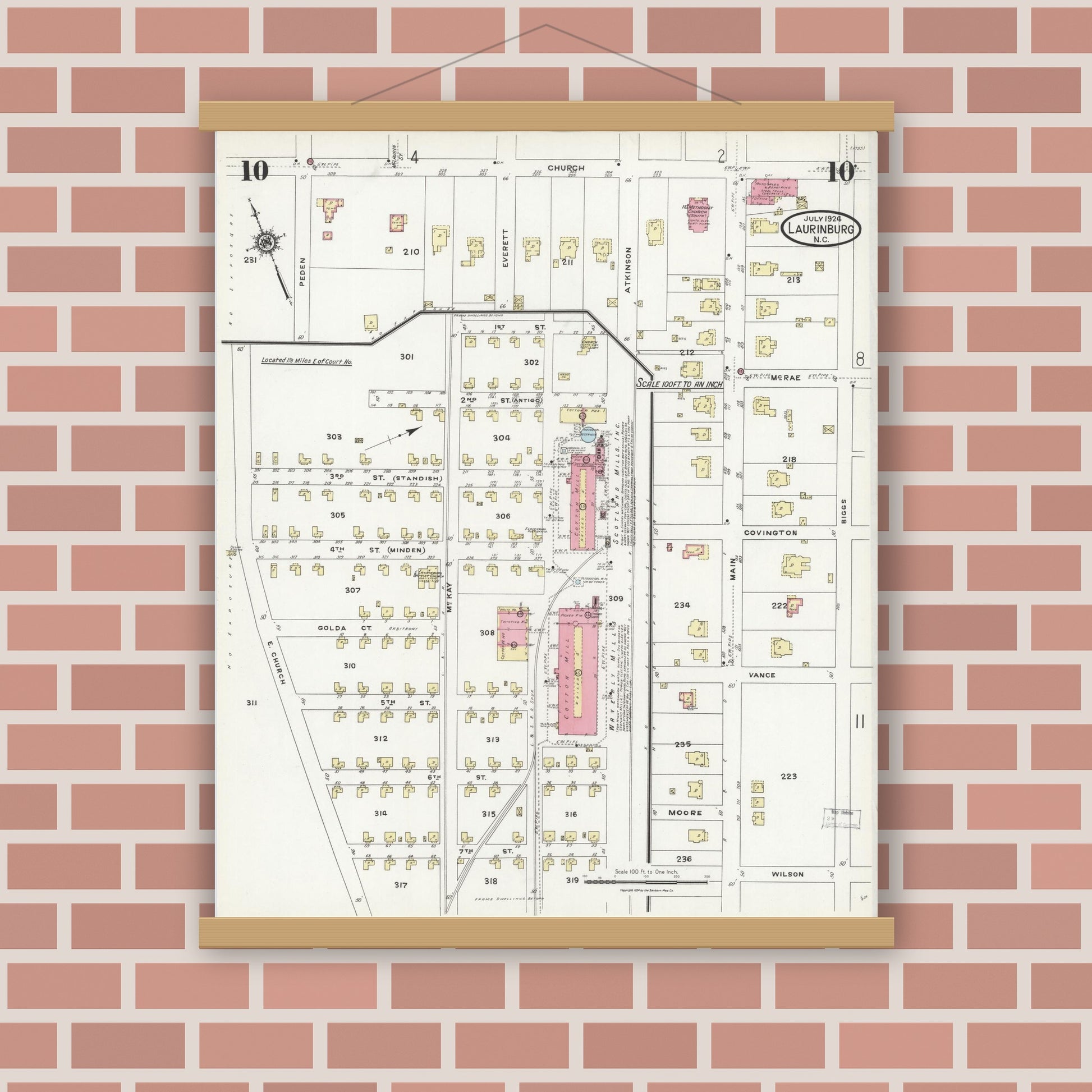 Old map wall art mockup — magnetic wood frame on brick wall — Sanborn Fire Insurance Map from Laurinburg, Scotland County, North Carolina (1924), Sheet #0010