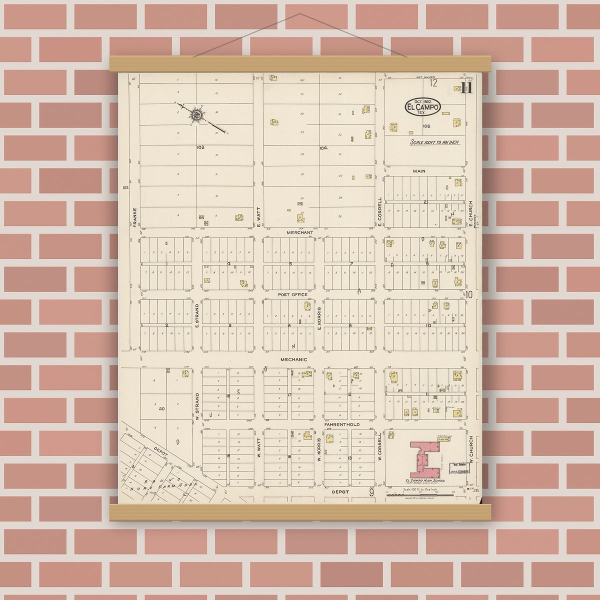 Old map wall art mockup — magnetic wood frame on brick wall — Sanborn Fire Insurance Map from El Campo, Wharton County, Texas (1922), Sheet #0011