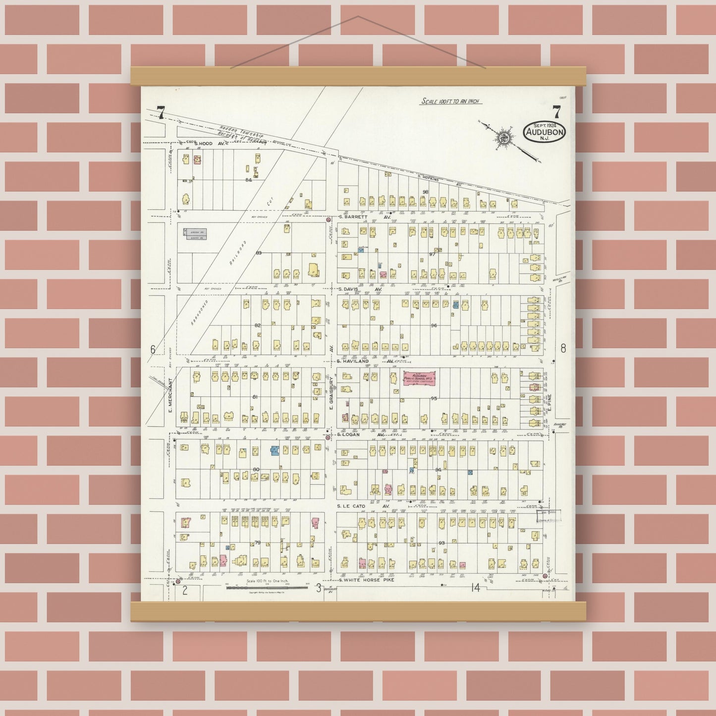 Old map wall art mockup — magnetic wood frame on brick wall — Sanborn Fire Insurance Map from Audubon, Camden County, New Jersey (1924), Sheet #0007