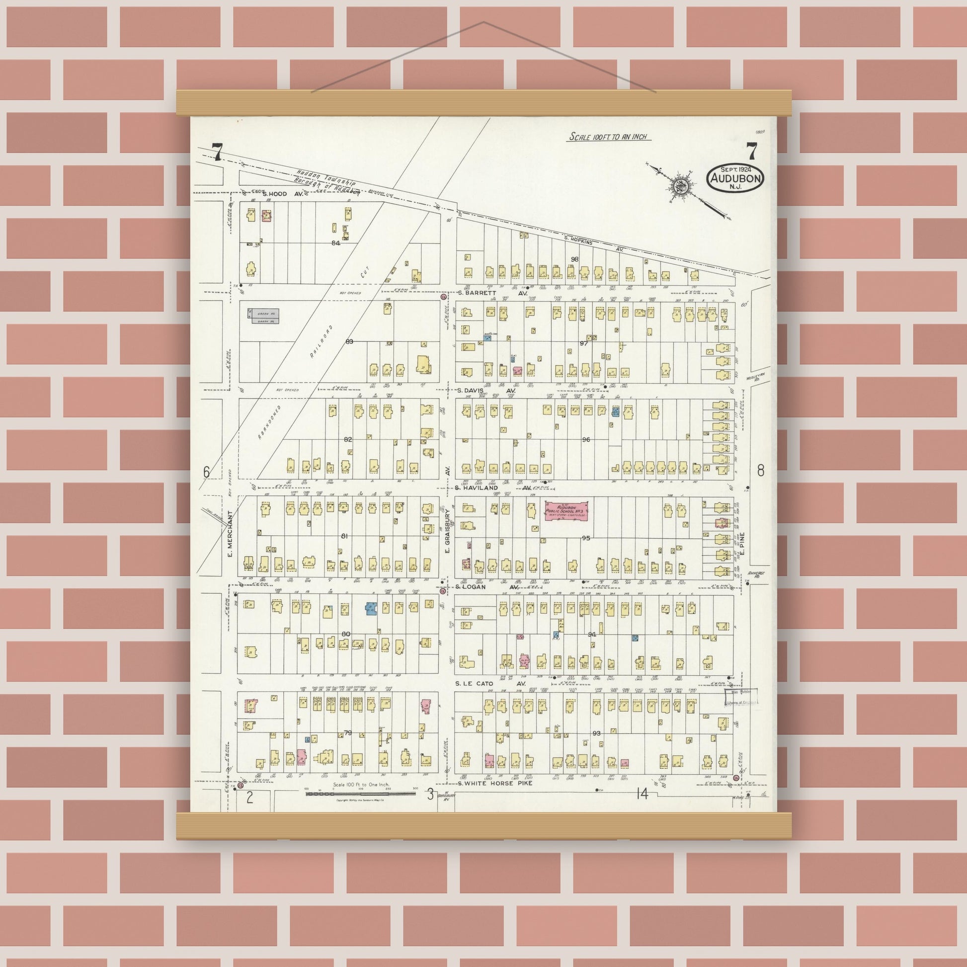 Old map wall art mockup — magnetic wood frame on brick wall — Sanborn Fire Insurance Map from Audubon, Camden County, New Jersey (1924), Sheet #0007