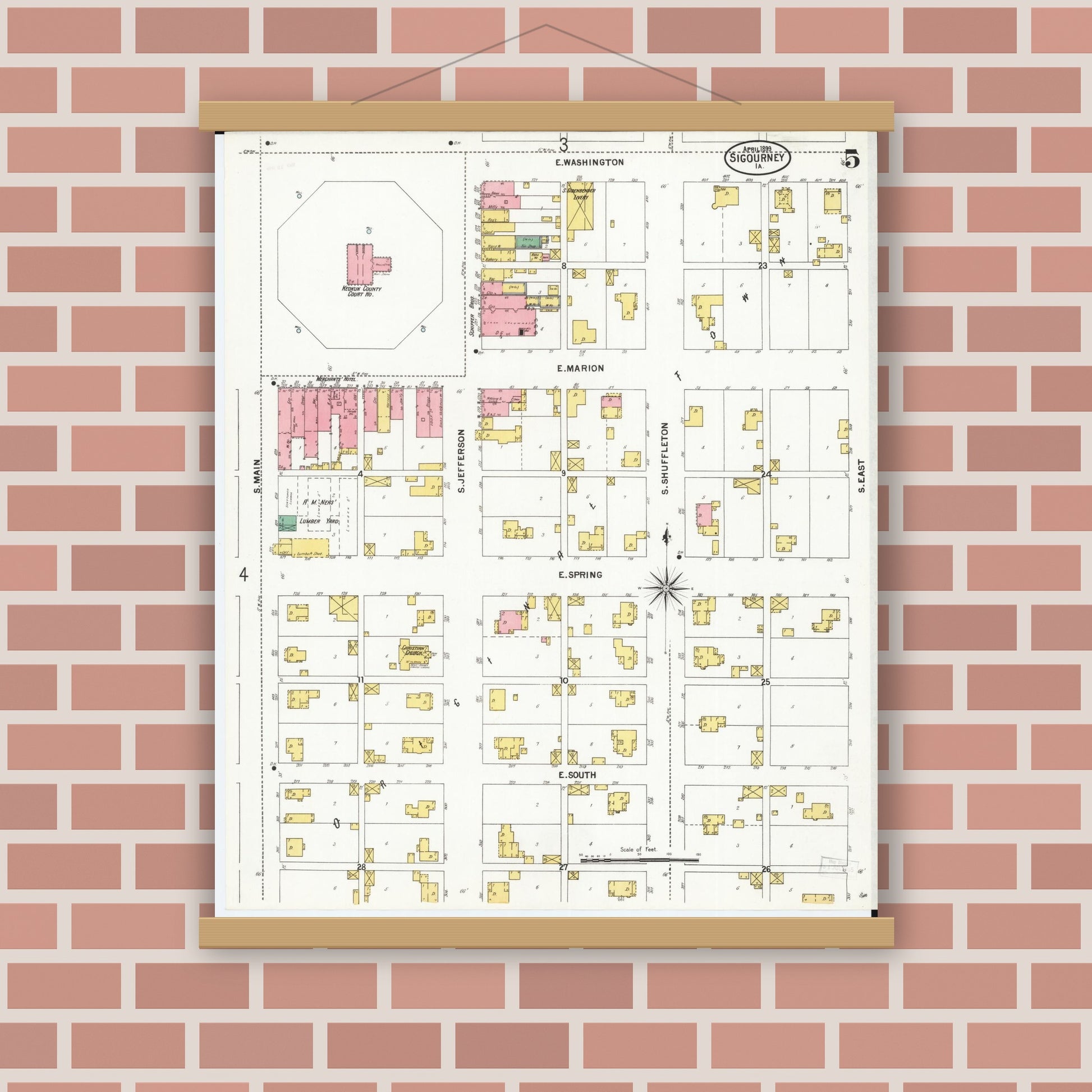 Old map wall art mockup — magnetic wood frame on brick wall — Sanborn Fire Insurance Map from Sigourney, Kiokuk County, Iowa (1899), Sheet #0005