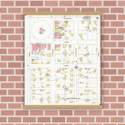 Old map wall art mockup — magnetic wood frame on brick wall — Sanborn Fire Insurance Map from Sigourney, Kiokuk County, Iowa (1899), Sheet #0005