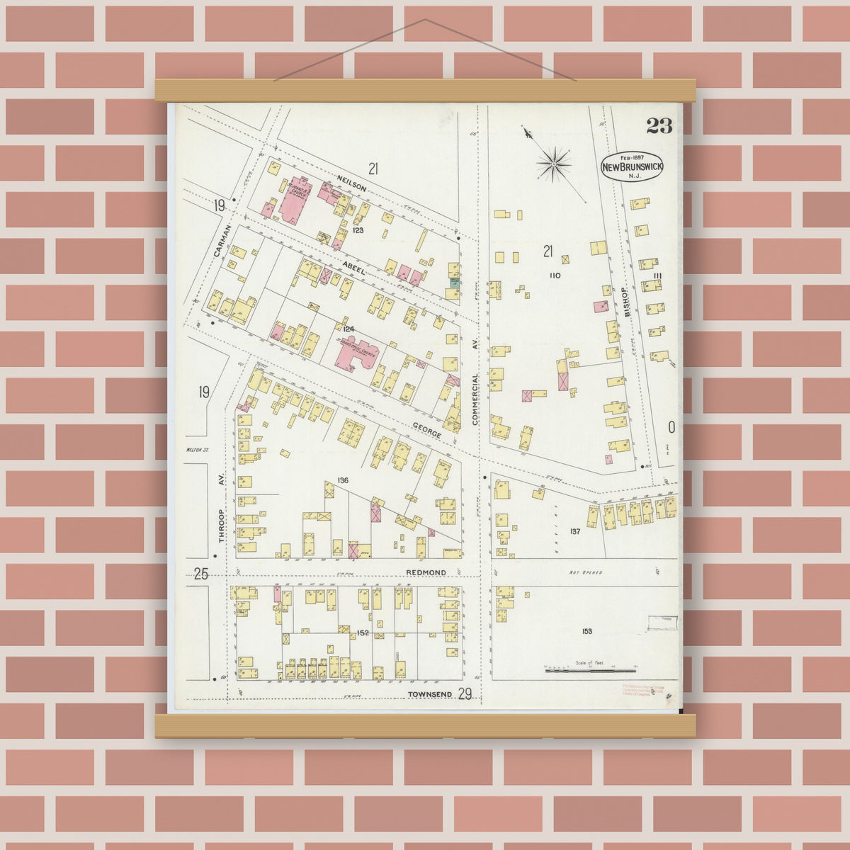 Old map wall art mockup — magnetic wood frame on brick wall — Sanborn Fire Insurance Map from New Brunswick, Middlesex County, New Jersey (1897), Sheet #0023
