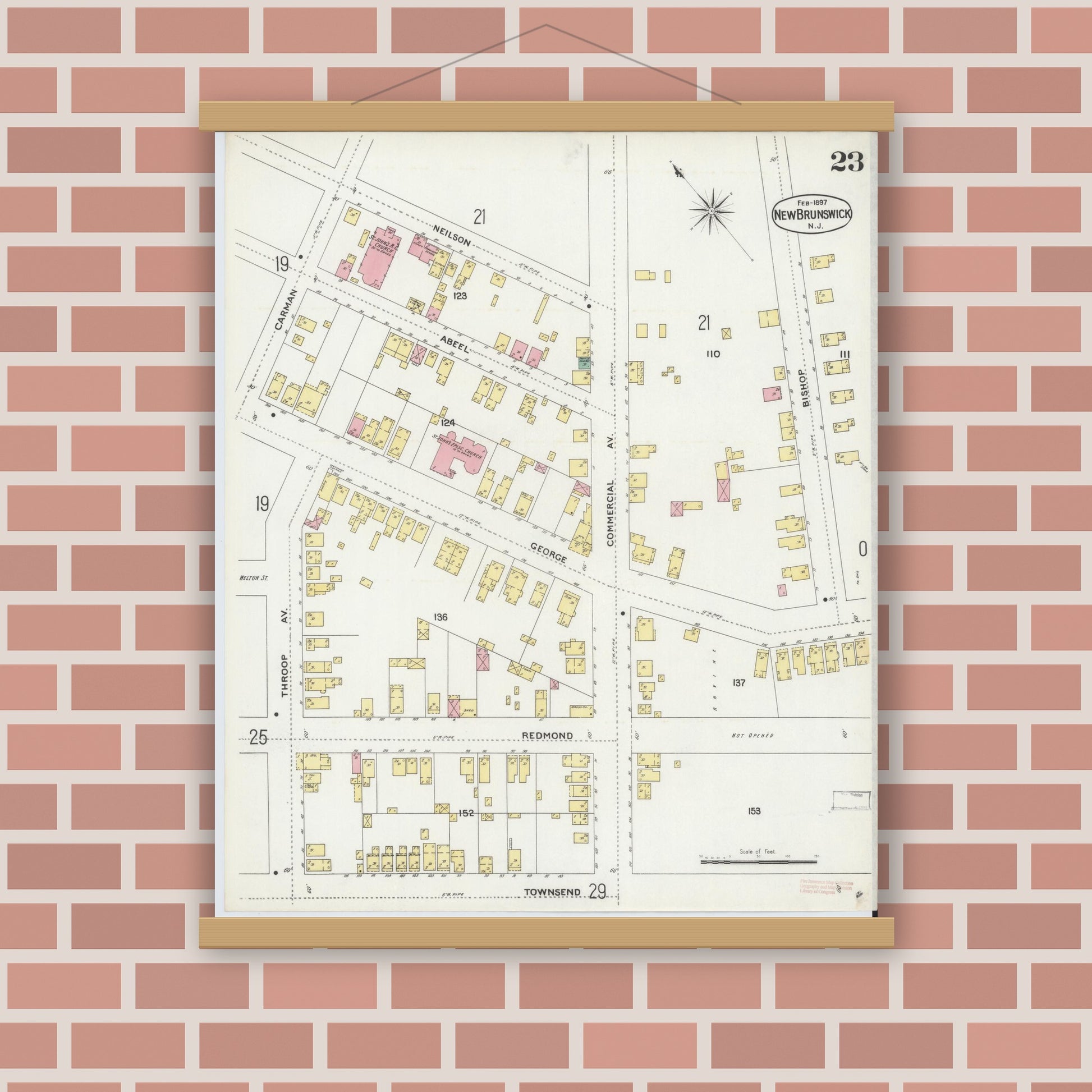 Old map wall art mockup — magnetic wood frame on brick wall — Sanborn Fire Insurance Map from New Brunswick, Middlesex County, New Jersey (1897), Sheet #0023