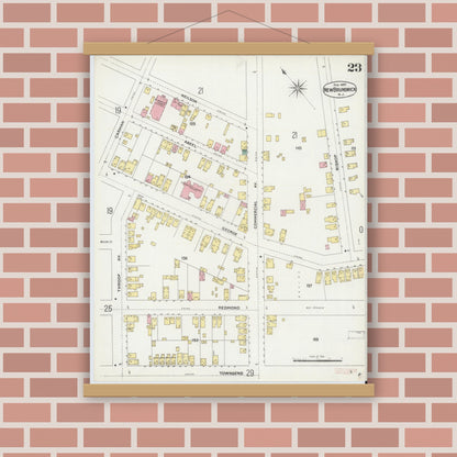 Old map wall art mockup — magnetic wood frame on brick wall — Sanborn Fire Insurance Map from New Brunswick, Middlesex County, New Jersey (1897), Sheet #0023