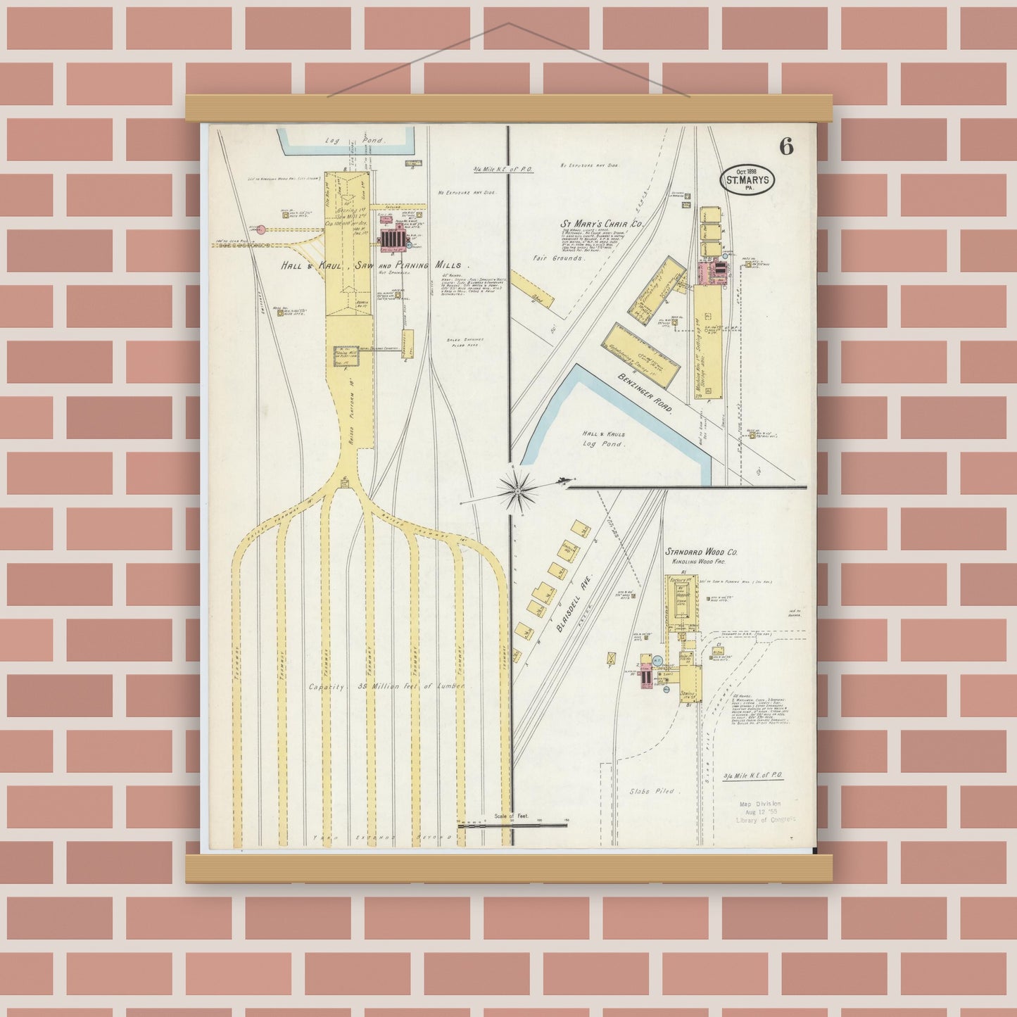 Old map wall art mockup — magnetic wood frame on brick wall — Sanborn Fire Insurance Map from Saint Marys, Elk County, Pennsylvania (1898), Sheet #0006