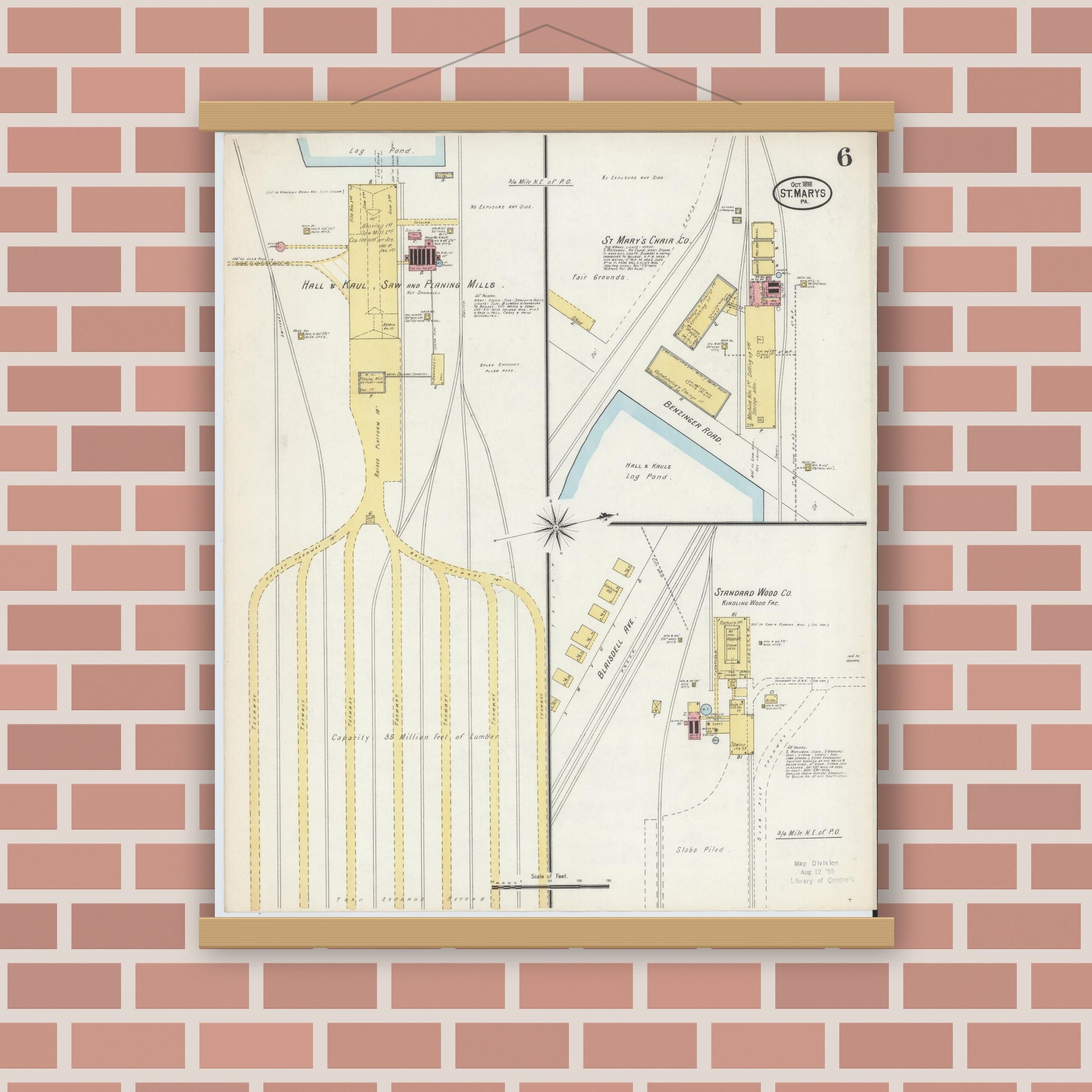 Old map wall art mockup — magnetic wood frame on brick wall — Sanborn Fire Insurance Map from Saint Marys, Elk County, Pennsylvania (1898), Sheet #0006