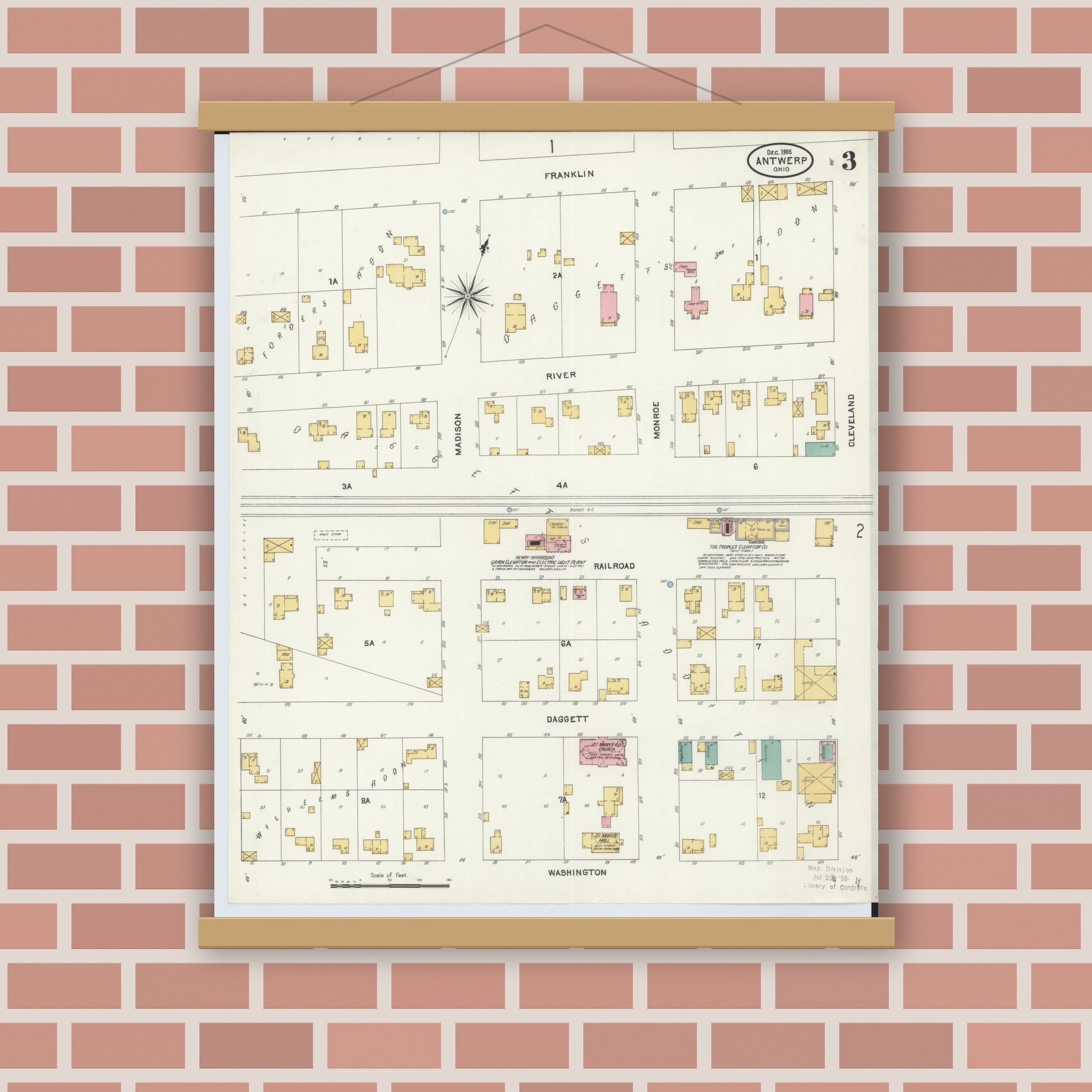 Old map wall art mockup — magnetic wood frame on brick wall — Sanborn Fire Insurance Map from Antwerp, Paulding County, Ohio (1905), Sheet #0003