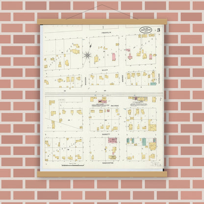 Old map wall art mockup — magnetic wood frame on brick wall — Sanborn Fire Insurance Map from Antwerp, Paulding County, Ohio (1905), Sheet #0003