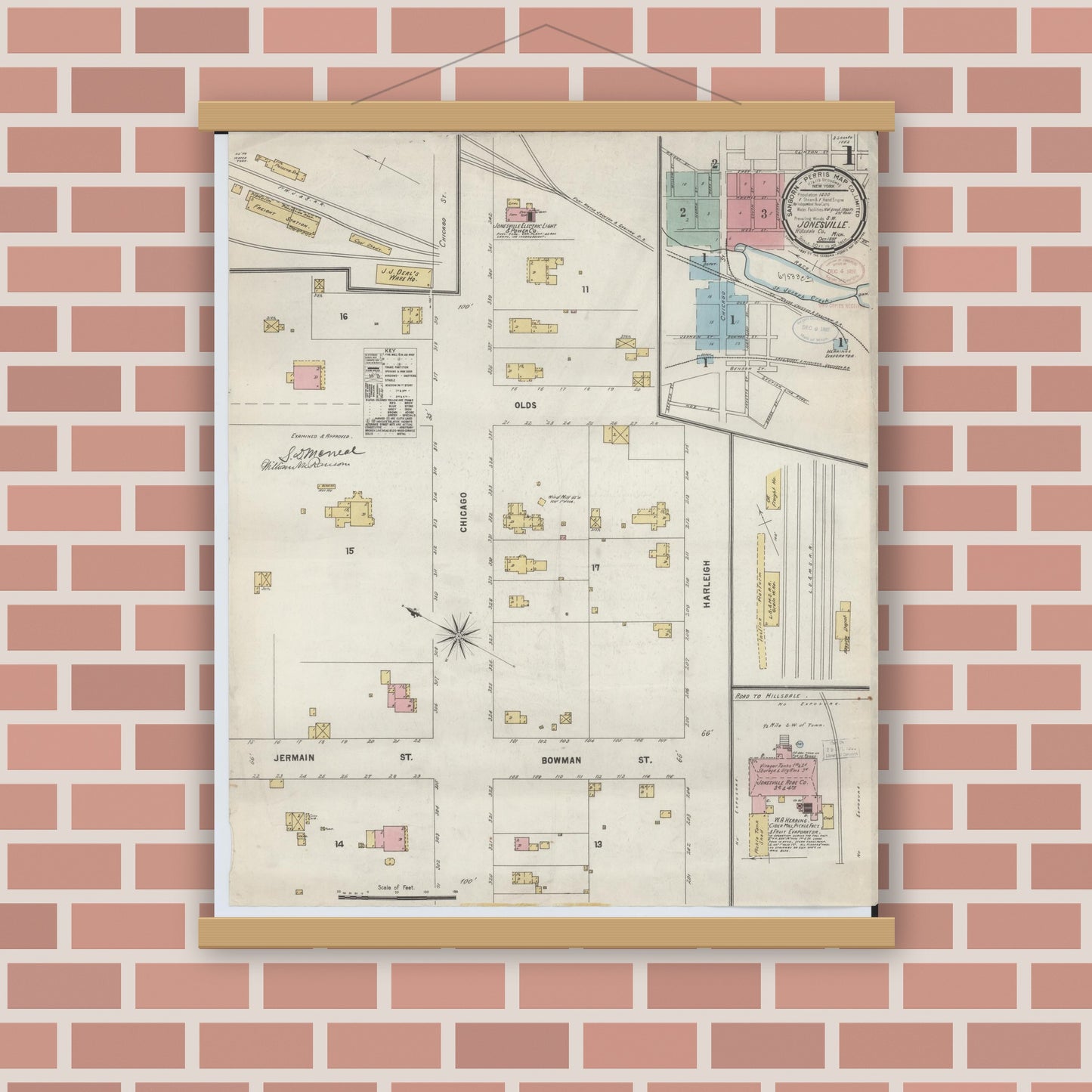 Old map wall art mockup — magnetic wood frame on brick wall — Sanborn Fire Insurance Map from Jonesville, Hillsdale County, Michigan (1897) - Complete Map Set