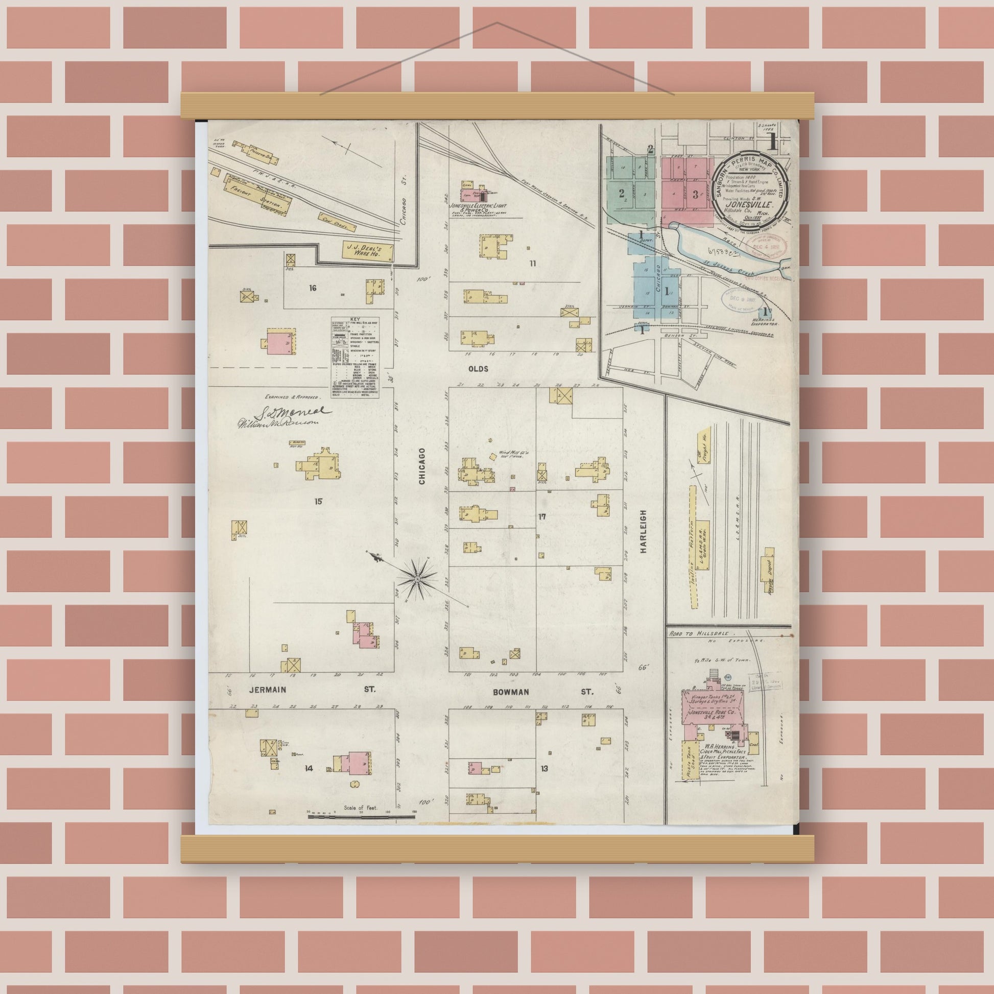 Old map wall art mockup — magnetic wood frame on brick wall — Sanborn Fire Insurance Map from Jonesville, Hillsdale County, Michigan (1897) - Complete Map Set