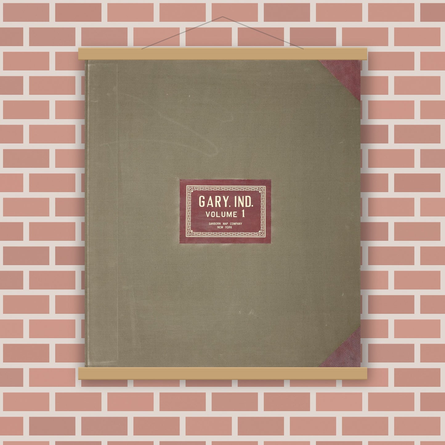 Old map wall art mockup — magnetic wood frame on brick wall — Sanborn Fire Insurance Map from Gary, Lake County, Indiana (1951), Sheet #0001