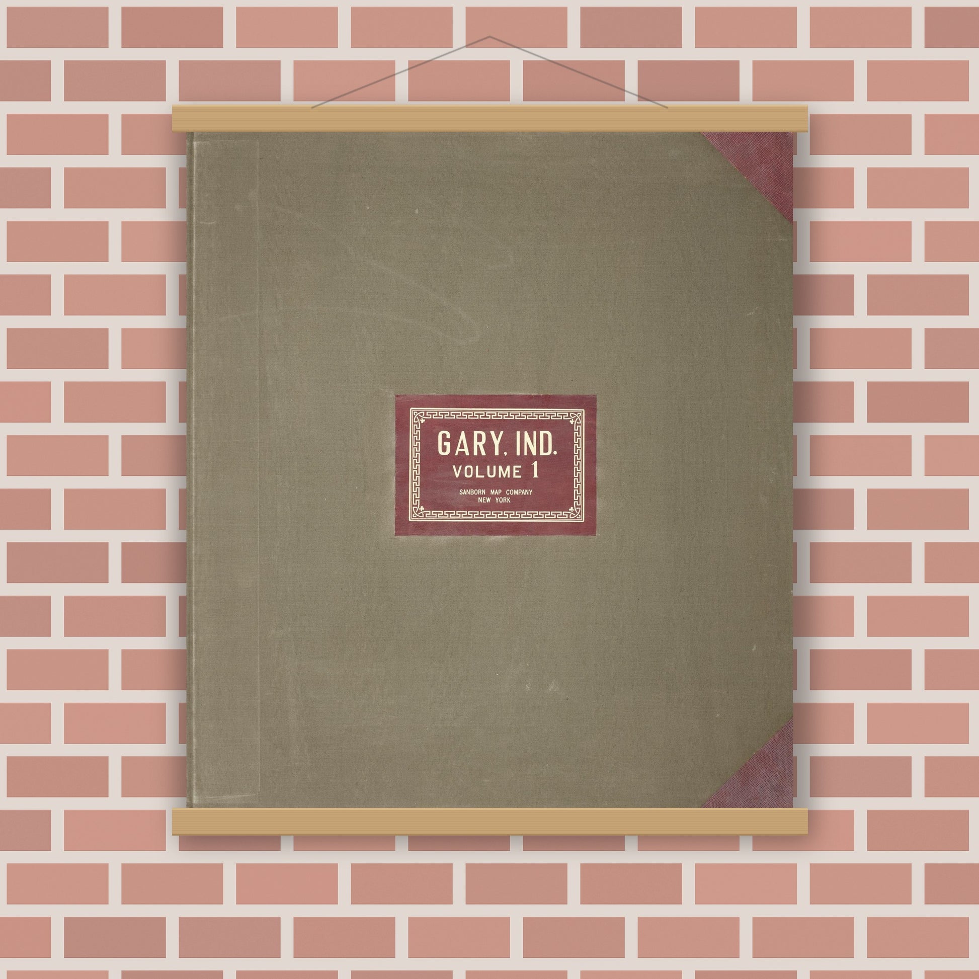 Old map wall art mockup — magnetic wood frame on brick wall — Sanborn Fire Insurance Map from Gary, Lake County, Indiana (1951), Sheet #0001