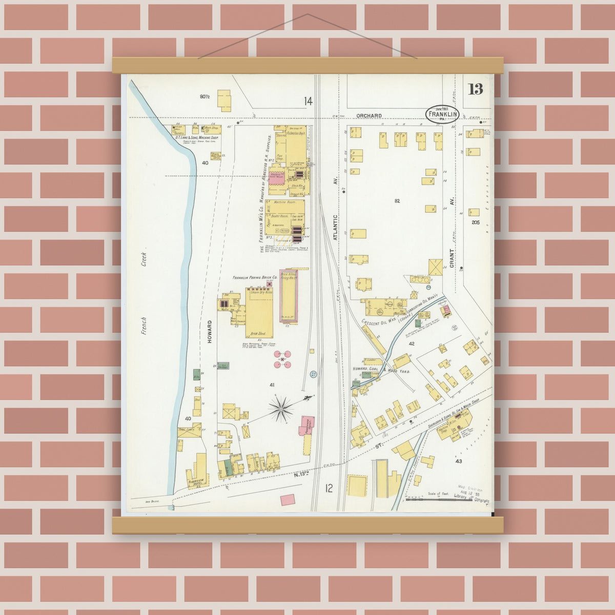 Old map wall art mockup — magnetic wood frame on brick wall — Sanborn Fire Insurance Map from Franklin, Venango County, Pennsylvania (1901), Sheet #0013