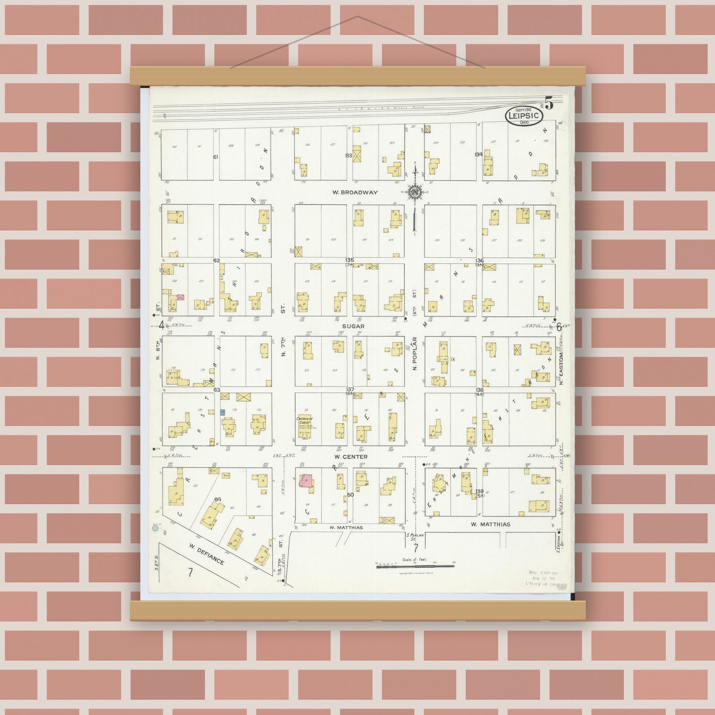 Old map wall art mockup — magnetic wood frame on brick wall — Sanborn Fire Insurance Map from Leipsic, Putnam County, Ohio (1916), Sheet #0005