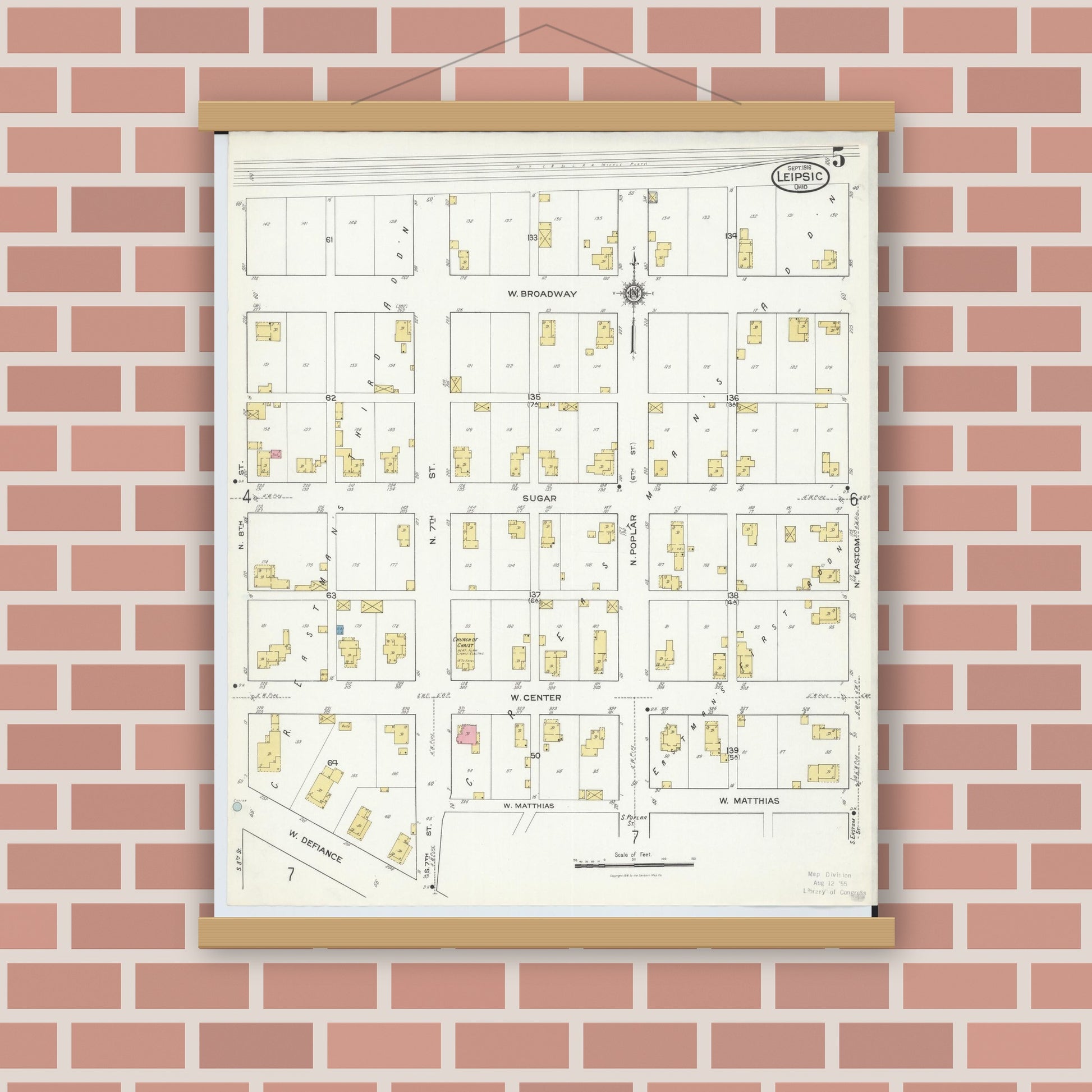 Old map wall art mockup — magnetic wood frame on brick wall — Sanborn Fire Insurance Map from Leipsic, Putnam County, Ohio (1916), Sheet #0005