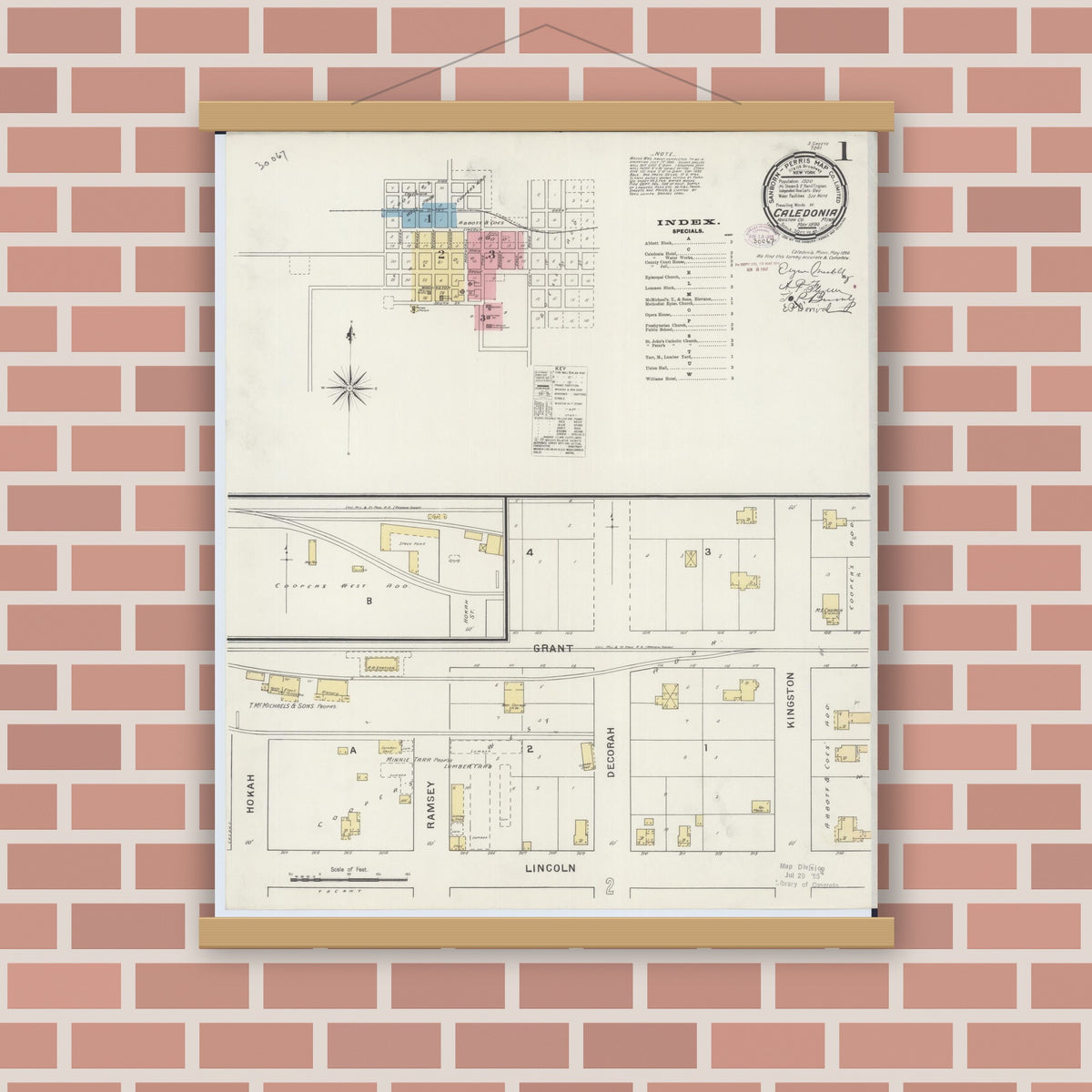Old map wall art mockup — magnetic wood frame on brick wall — Sanborn Fire Insurance Map from Caledonia, Houston County, Minnesota (1894) - Complete Map Set