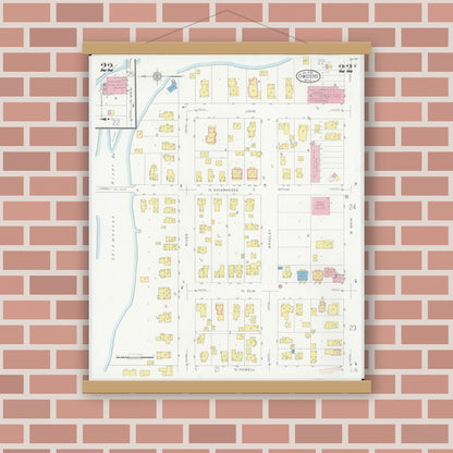 Old map wall art mockup — magnetic wood frame on brick wall — Sanborn Fire Insurance Map from Owosso, Shiawassee County, Michigan (1930), Sheet #0022