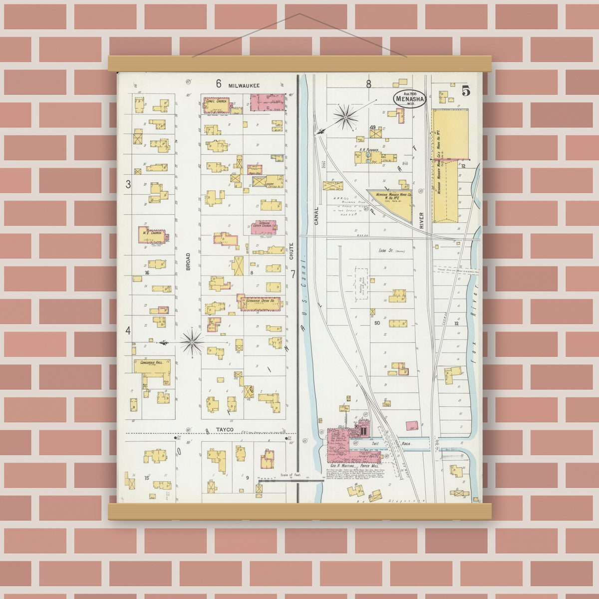 Old map wall art mockup — magnetic wood frame on brick wall — Sanborn Fire Insurance Map from Menasha, Winnebago County, Wisconsin (1900), Sheet #0005