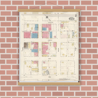 Old map wall art mockup — magnetic wood frame on brick wall — Sanborn Fire Insurance Map from Gorman, Eastland County, Texas (1945), Sheet #0002