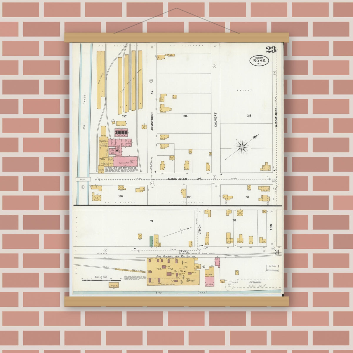 Old map wall art mockup — magnetic wood frame on brick wall — Sanborn Fire Insurance Map from Rome, Oneida County, New York (1899), Sheet #0023