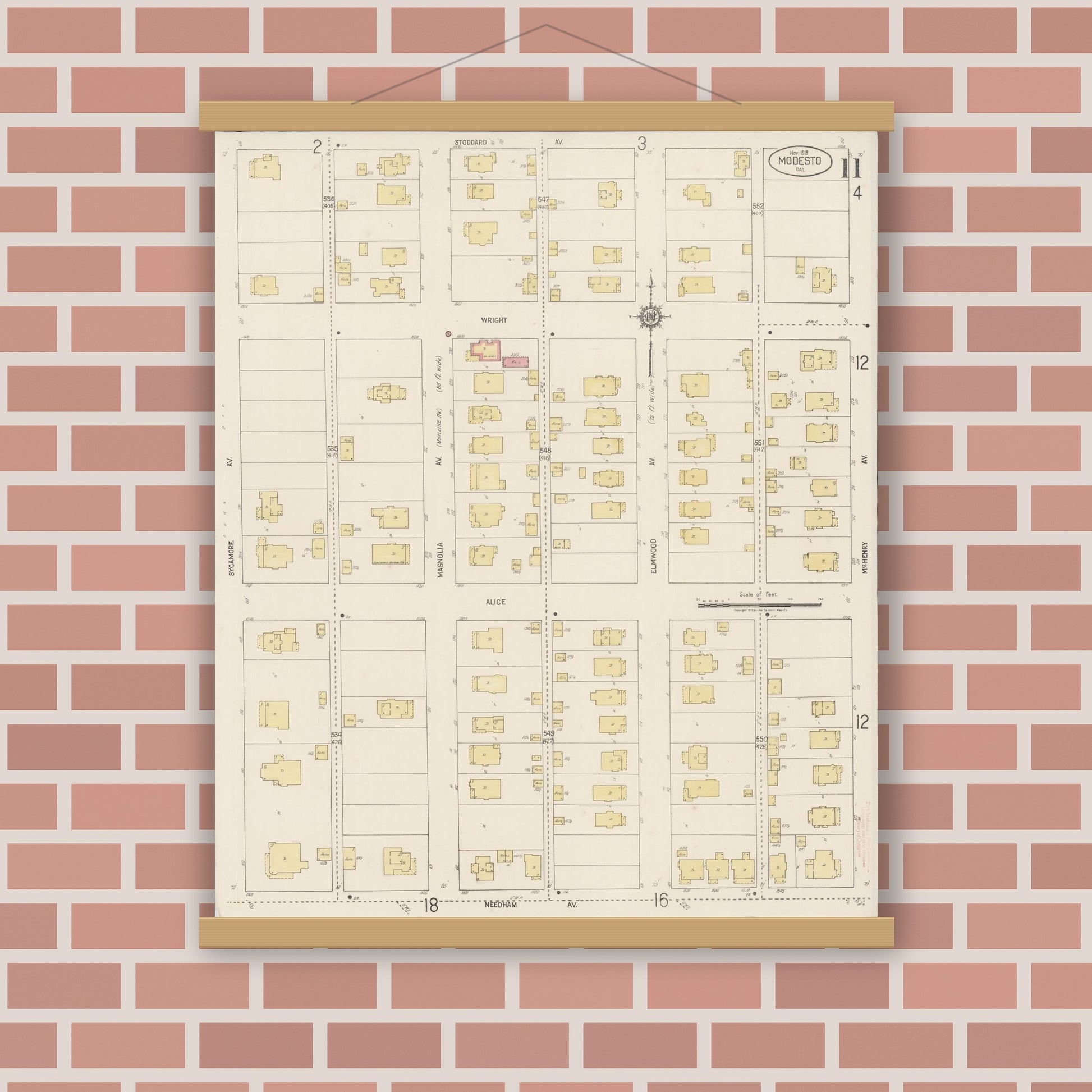 Old map wall art mockup — magnetic wood frame on brick wall — Sanborn Fire Insurance Map from Modesto, Stanislaus County, California (1919), Sheet #0011
