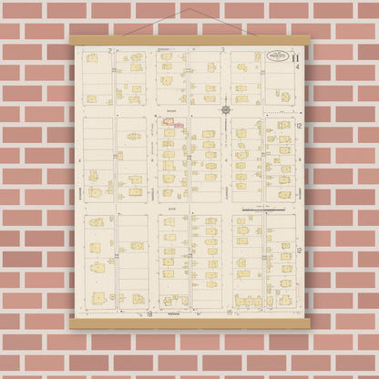 Old map wall art mockup — magnetic wood frame on brick wall — Sanborn Fire Insurance Map from Modesto, Stanislaus County, California (1919), Sheet #0011