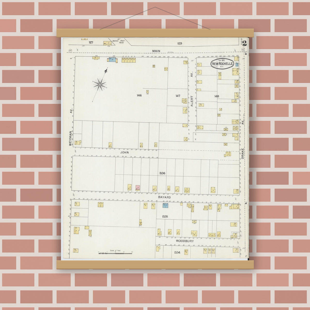 Old map wall art mockup — magnetic wood frame on brick wall — Sanborn Fire Insurance Map from New Rochelle, Westchester County, New York (1892), Sheet #0002