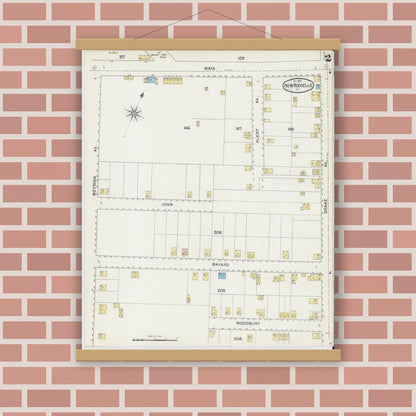 Old map wall art mockup — magnetic wood frame on brick wall — Sanborn Fire Insurance Map from New Rochelle, Westchester County, New York (1892), Sheet #0002