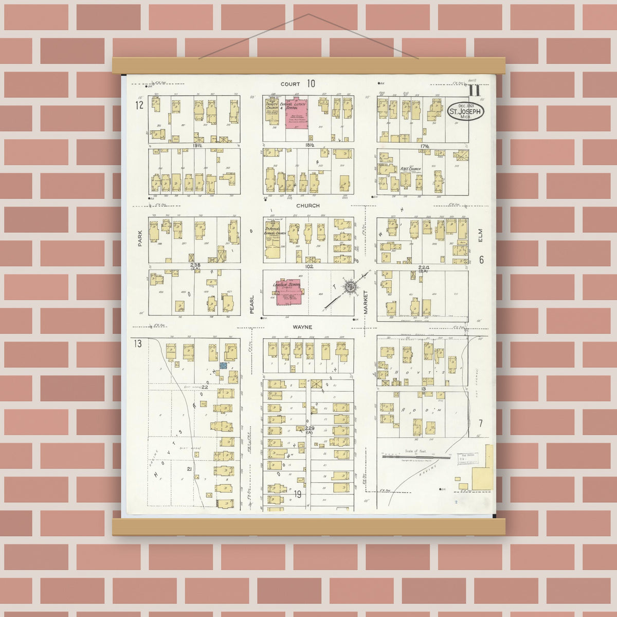 Old map wall art mockup — magnetic wood frame on brick wall — Sanborn Fire Insurance Map from Saint Joseph, Berrien County, Michigan (1921), Sheet #0011