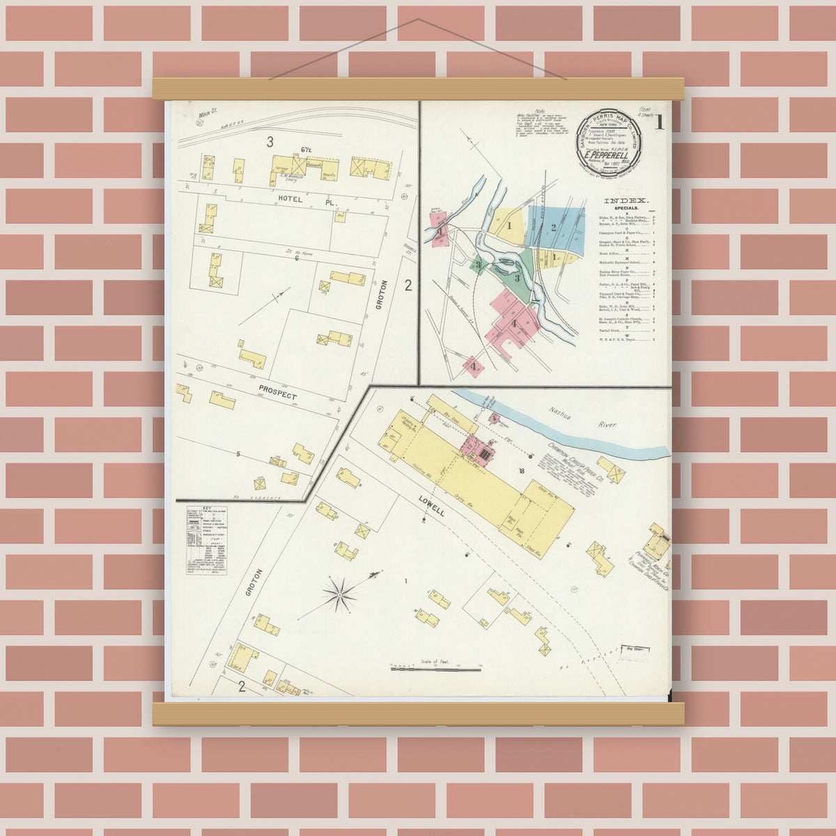 Old map wall art mockup — magnetic wood frame on brick wall — Sanborn Fire Insurance Map from East Pepperell, Middlesex County, Massachusetts (1897) - Complete Map Set